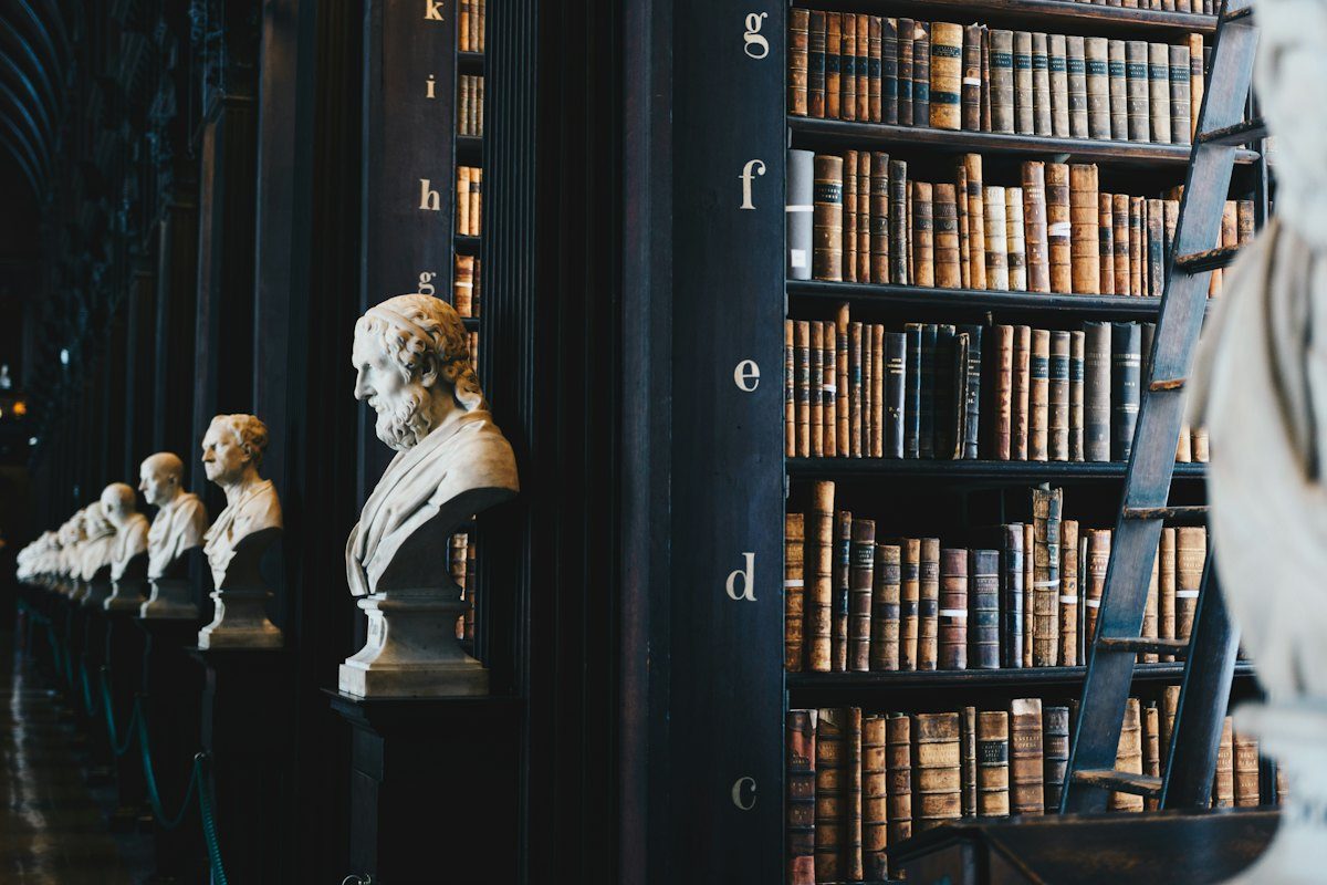 Rayonnages de livres de droit et bustes de marbre, au cabinet