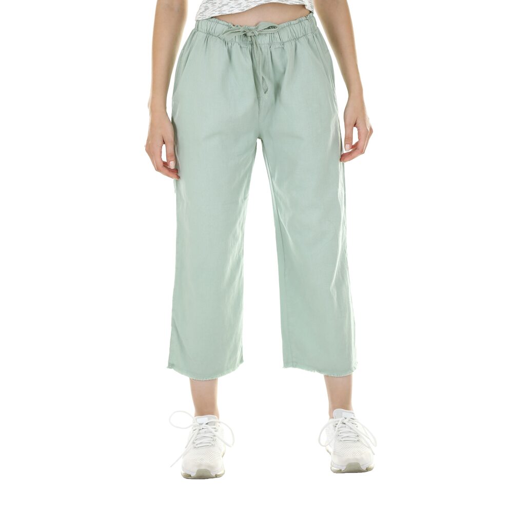 Pantalon large vert d’eau en lin, taille élastiquée à cordon