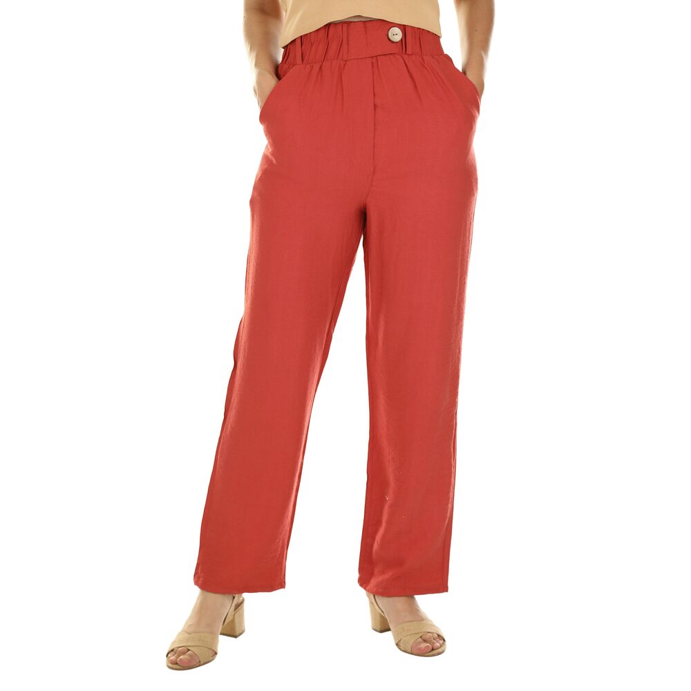Pantalon droit terracotta en lin, taille haute à bouton