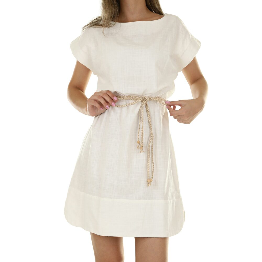 Robe courte écrue en lin, manches courtes, ceinture en corde
