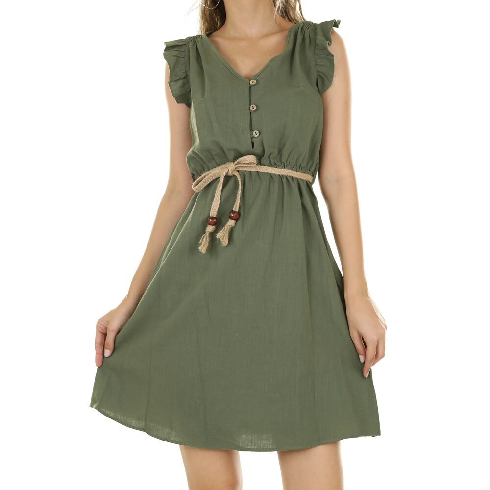 Robe olive à volants sur les épaules, ceinture en corde