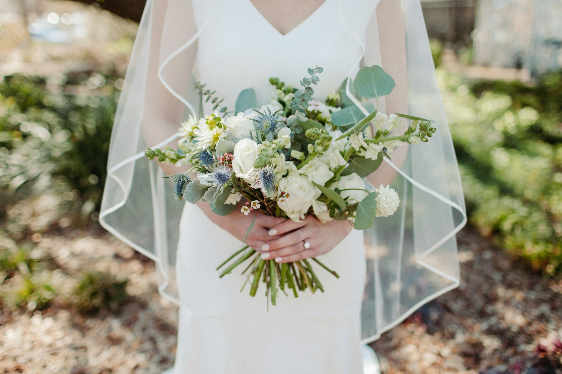Mariée voilée tenant un bouquet blanc avec eucalyptus et chardons bleus
