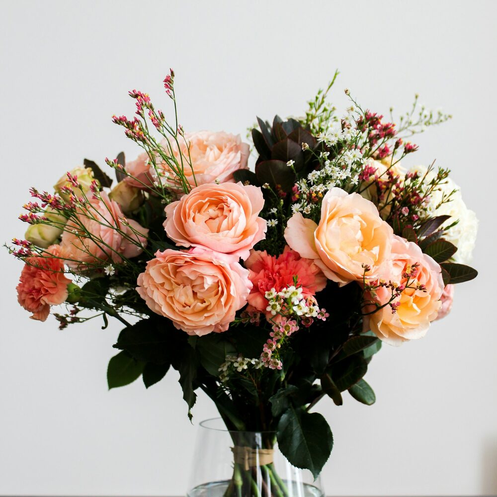 Bouquet de roses anglaises pêche, oeillets et fleur de cire dans un vase, fond blanc
