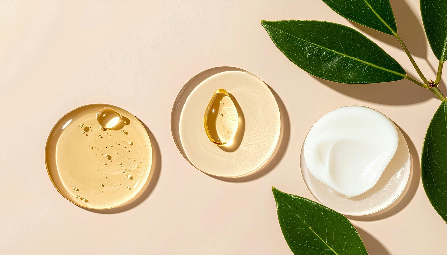 Textures d’huile, de gel et de crème posées côte à côte