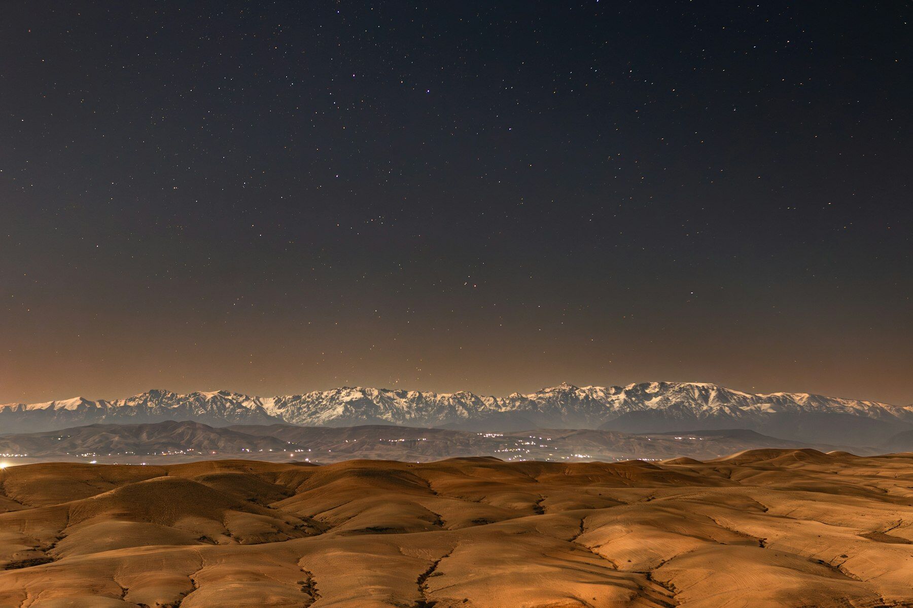 Désert de nuit sous les étoiles, montagnes enneigées à l'horizon