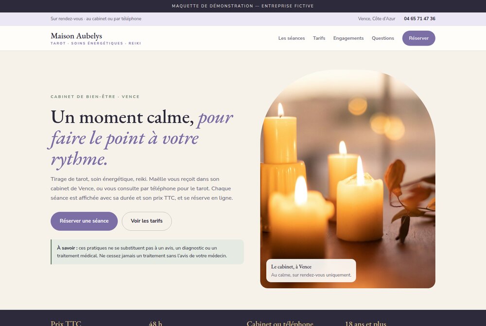 Maquette Tarot, soins énergétiques et reiki — Maison Aubelys