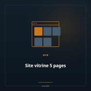 Fenetre de navigateur avec cinq pages schematisees, en ambre sur fond navy
