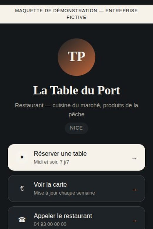 Page de liens d'un restaurant