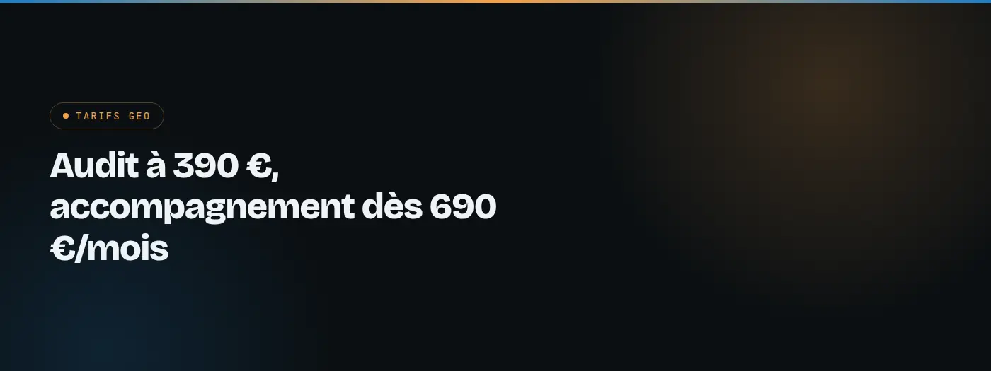 Bandeau enovSEO : Tarifs GEO — audit à 390 €, accompagnement dès 690 €/mois
