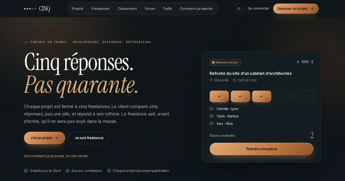Plateforme CINQ, mise en relation entre clients et freelances